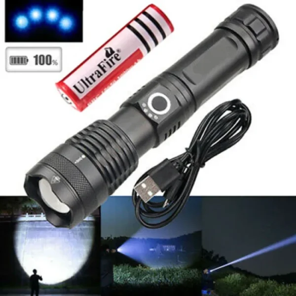 Rechargeable Waterproof Zoom LED Flashlight USB Torch Light - Image 2